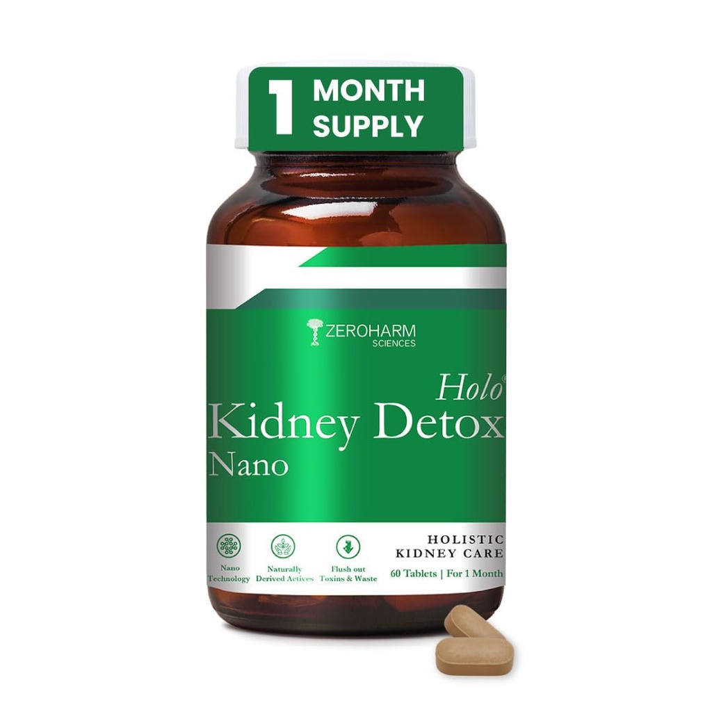 ZEROHARM Holo Kidney Detox | Herbal Creatinine & Kidney Support with Varuna, Punarnava,Pathachata | Kidney Detox & Cleanse for Men & Women | Nano Formulated Ayurvedic Health Supplement - 60 Tablets