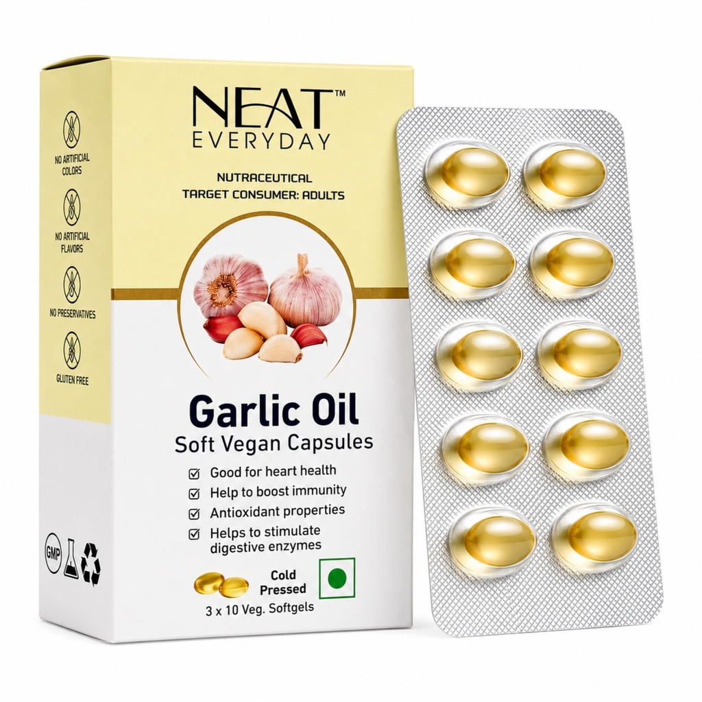Neat Everyday Garlic Oil Capsules | Allicin Rich | Blood Pressure, Cholesterol & Heart Health | Immunity Booster | Cold Pressed Vegan Lasuna Softgels | Cardiac Wellness 30 Tablets