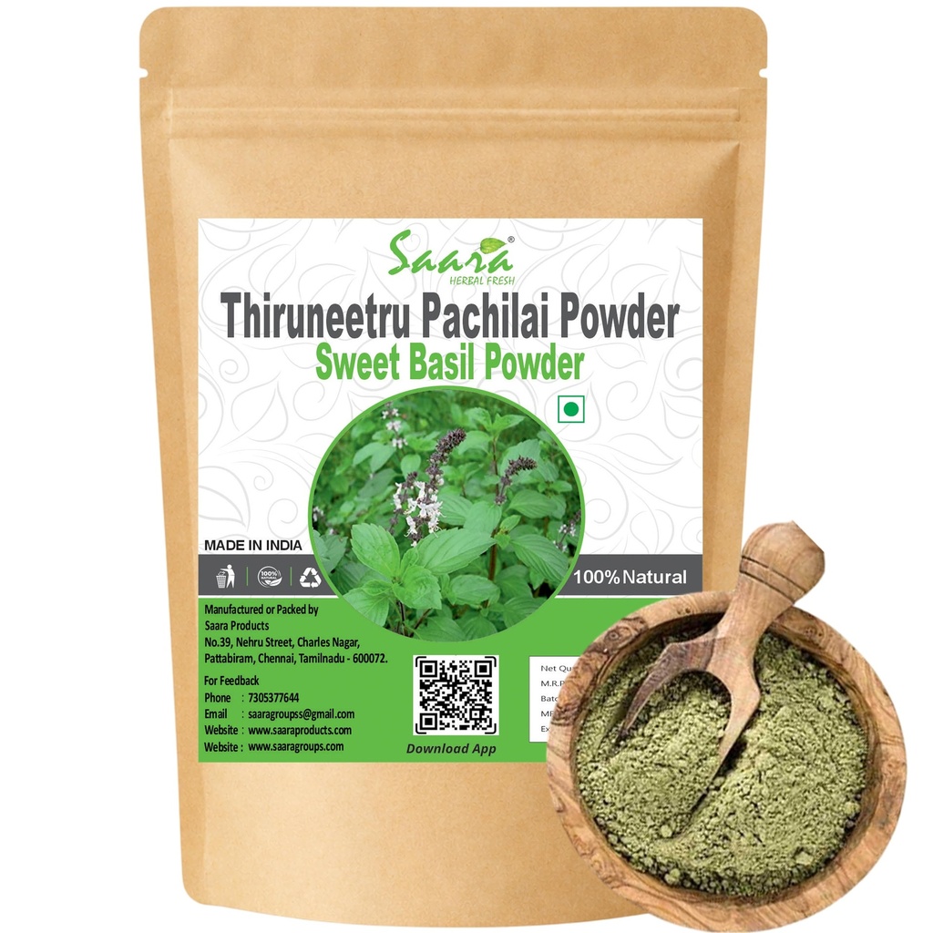 Saara HERBAL FRESH Thiruneetru Pachailai Powder, 100g, Sweet Basil, Ram Tulsi Powder, (Pack of 1 X 100g)