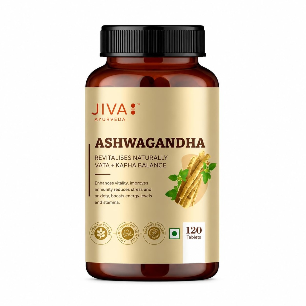 Jiva Ashwagandha Tablet - 120 Tablets | Ayurvedic Ashwagandha Supplement for Body, Boost Energy & Immunity, Stress Relief, Rejuvenates Mind, Improves Strength | Helpful in Kapha & Vata Doshas