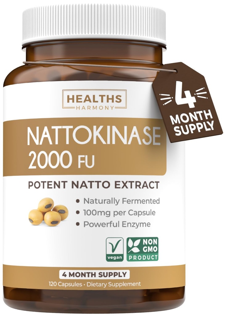 Gesundheit Harmony Nattokinase 2000 FU (Non-GMO) Leistungsstarke Nattokinase-Ergänzung aus natürlich gefruchteten Sojabohnen - (4 Monate Versorgung) 120 Vegan Natto Kapseln