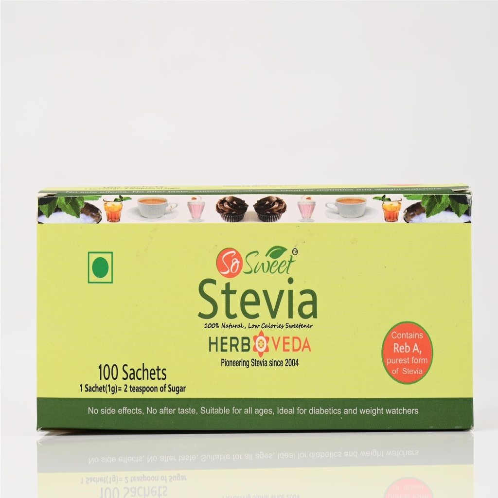 So Sweet Stevia Sachets - Sugar-Free, Natural Low-Calorie Sweetener, 100 Sachets, Ideal for Coffee, Tea, and Cooking, Diabetic & Keto Friendly, Zero Calories, Convenient for Everyday Use
