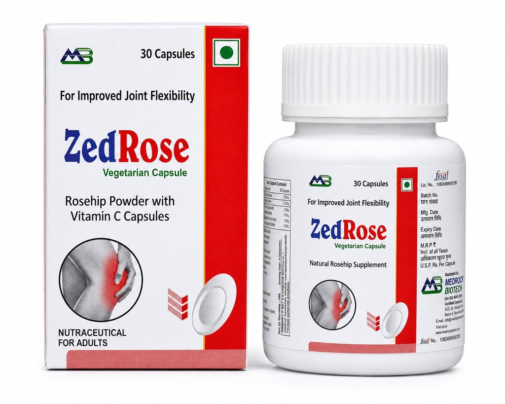 ZedRose Rosehip Powder with Vitamin C Capsules | 750mg Rosehip Per Capsule | Vegetarian Joint Health Supplement | Supports Mobility & Flexibility | 30 Capsules