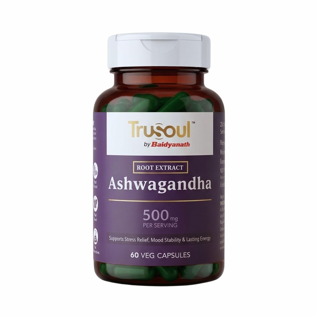Baidyanath TruSoul Ashwagandha 60 Veg Capsules | Supports Stress Relief Mood Stability | Rich in Antioxidants | Rejuvenates Mind & Body | Helps to Improve Strength & Energy