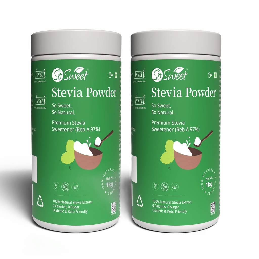 So Sweet Stevia Powder, Sugar-Free, 100% Natural Zero-Calorie Sweetener, Keto Friendly, Pack of 2 (1kg Each), Ideal for Cooking, Baking, and Sweetening Drinks