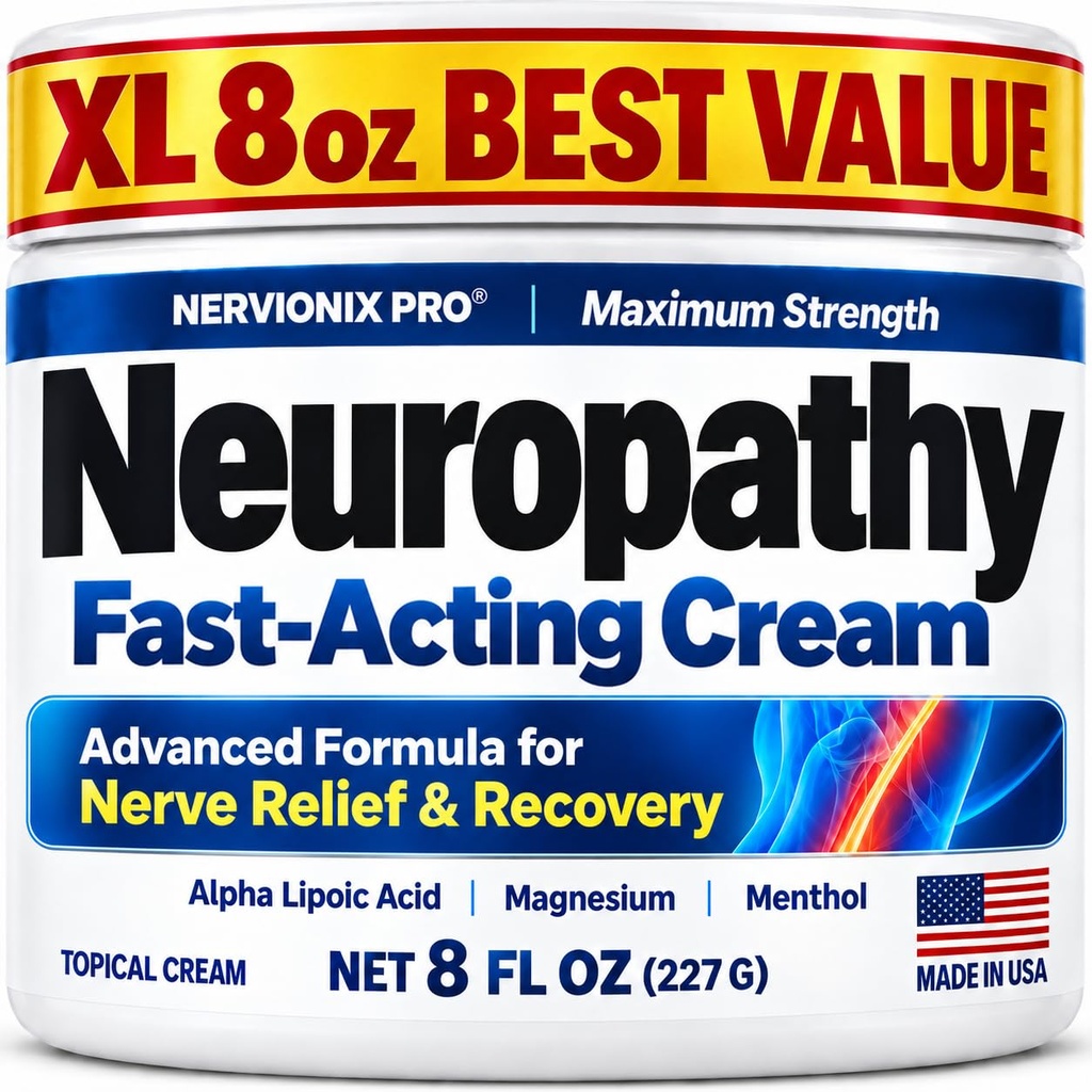 Neuropathy Nerve Relief Cream – XL 8 oz – Fast-Acting Maximum Strength for Feet, Hands, Legs, Toes & Back – Menthol 3.7% + Magnesium Chloride 2% – Arnica, Aloe Vera, MSM & Vitamins – Super Value 8 oz