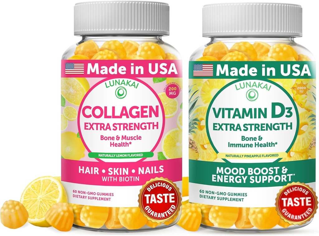 Lunakai Collagen and Vitamin D3 Gummies Bundle - Non-GMO Anti Aging Supplements for Men & Women - Immunity, Bone and Mood Support Gummy for Adults - 30 Days Supply