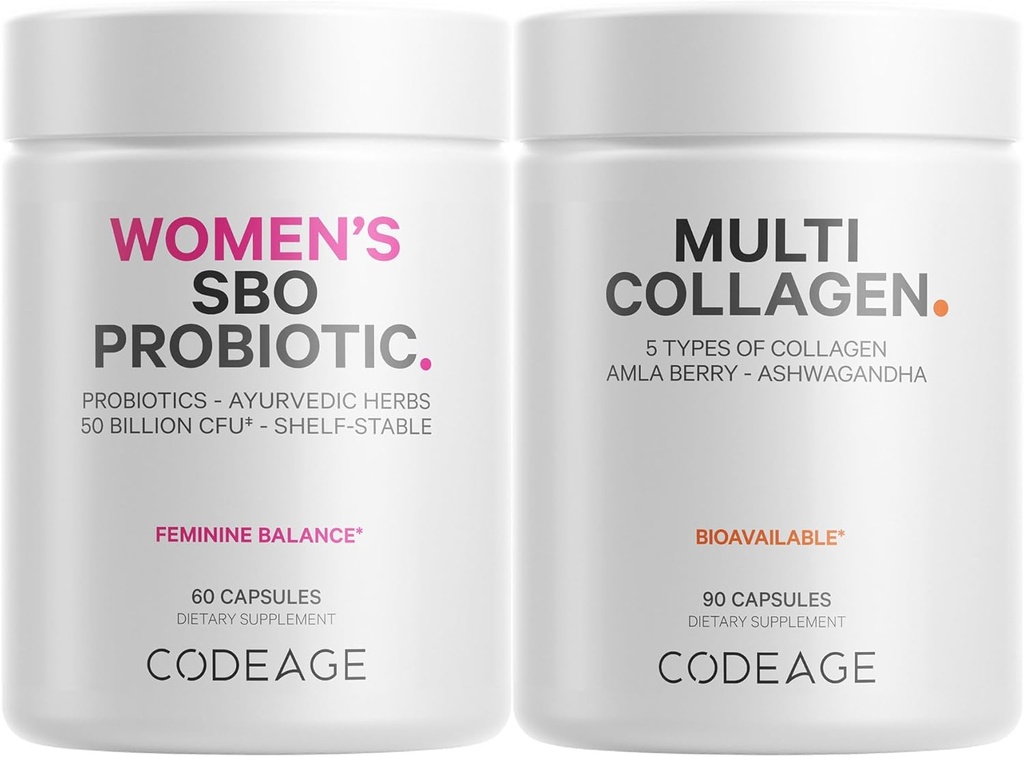 Codeage Multi Collagène Protein Capsules & Probiotiques pour les femmes Ensemble de pilules Multi Collagène, Collagène Types I, II, II, V & X, 90 Comte
