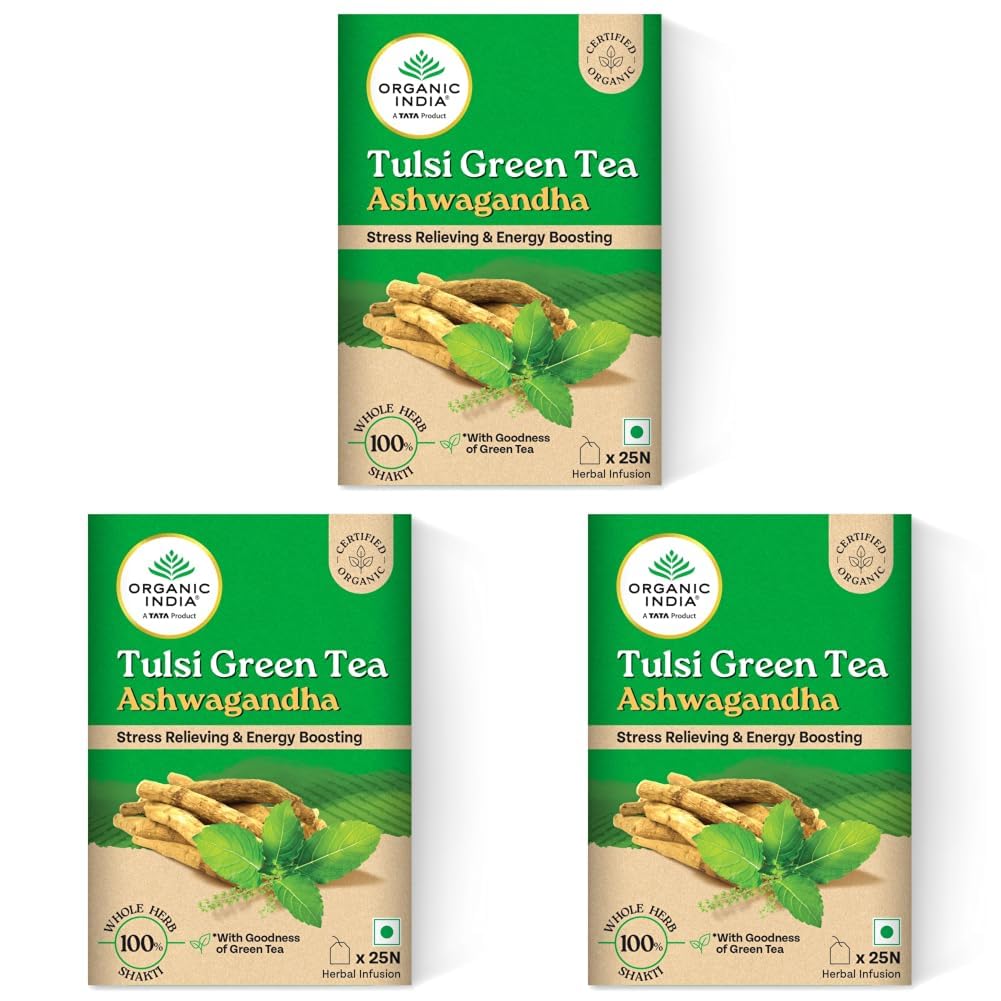 Organic India Tulsi Green Tea Ashwagandha - 25 Tea Bag (Pack of 3)