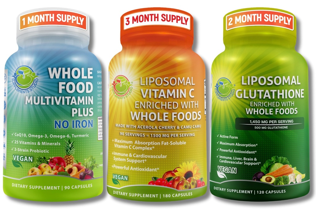 Immun- & Daily Wellness Support Bundle für Damen und Herren – Liposomales Vitamin C 1500mg + Vegan Ganzes Lebensmittel Multivitamin Keine Eisen + Liposomale Glutathione 500mg – Vegan, Non-GMO, Clean Daily Wellness Support