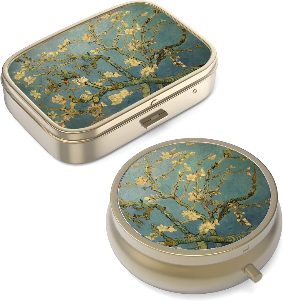 Pill Case Pill Box with Mirror Retro Small Pill Case for Purse or Pocket Bronze Pill Box or Vitamins, Fish Oil, Supplements, Pill Containe Travel Gifts（2PCS）