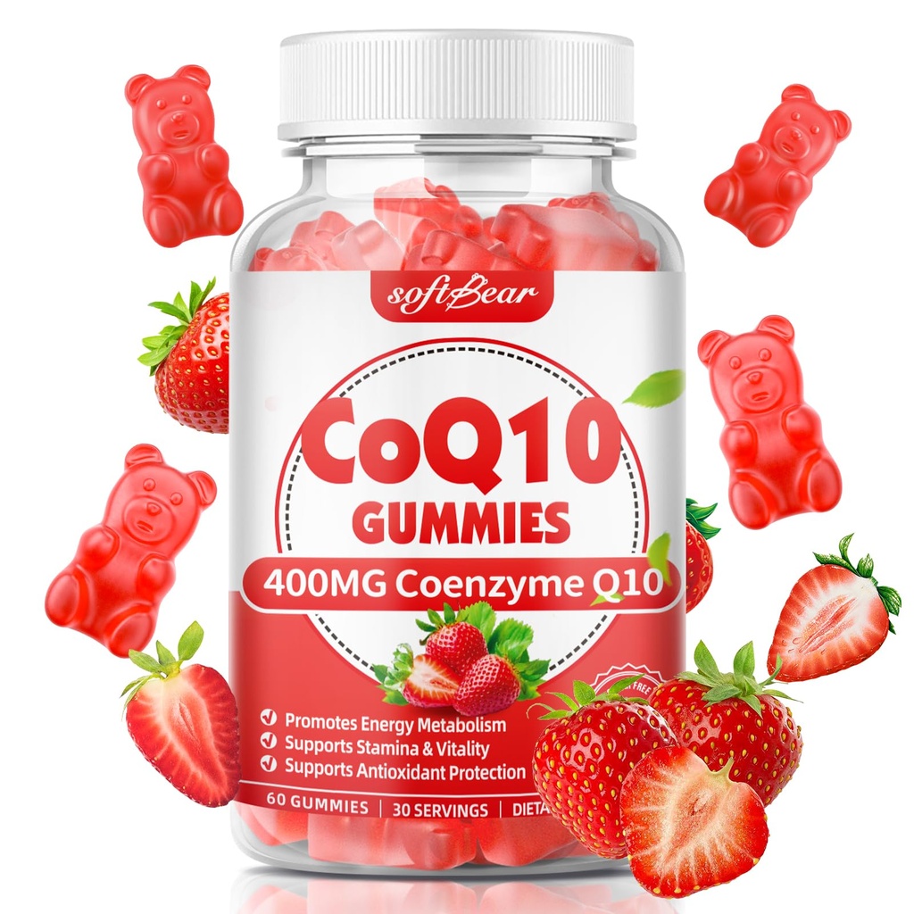 Softbear CoQ10 Gummies 400mg Coenzyme Q10 Supplemento per adulti, Alto assorbimento coq10 Plus Omega-3, Magnesio, Vitamina B3 & Zinc per l'energia cellulare e antiossidante, Sapore di fragola 60 Conte
