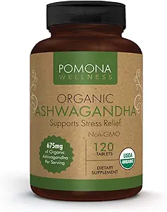 Pomona Wellness complément biologique Ashwagandha pour le soutien du stress, 1 350 mg Enhancer d'humeur et soutien thyroïde, USDA biologique, végétalien, non-OGM, 120 comprimés de poudre de racine Ashwagandha
