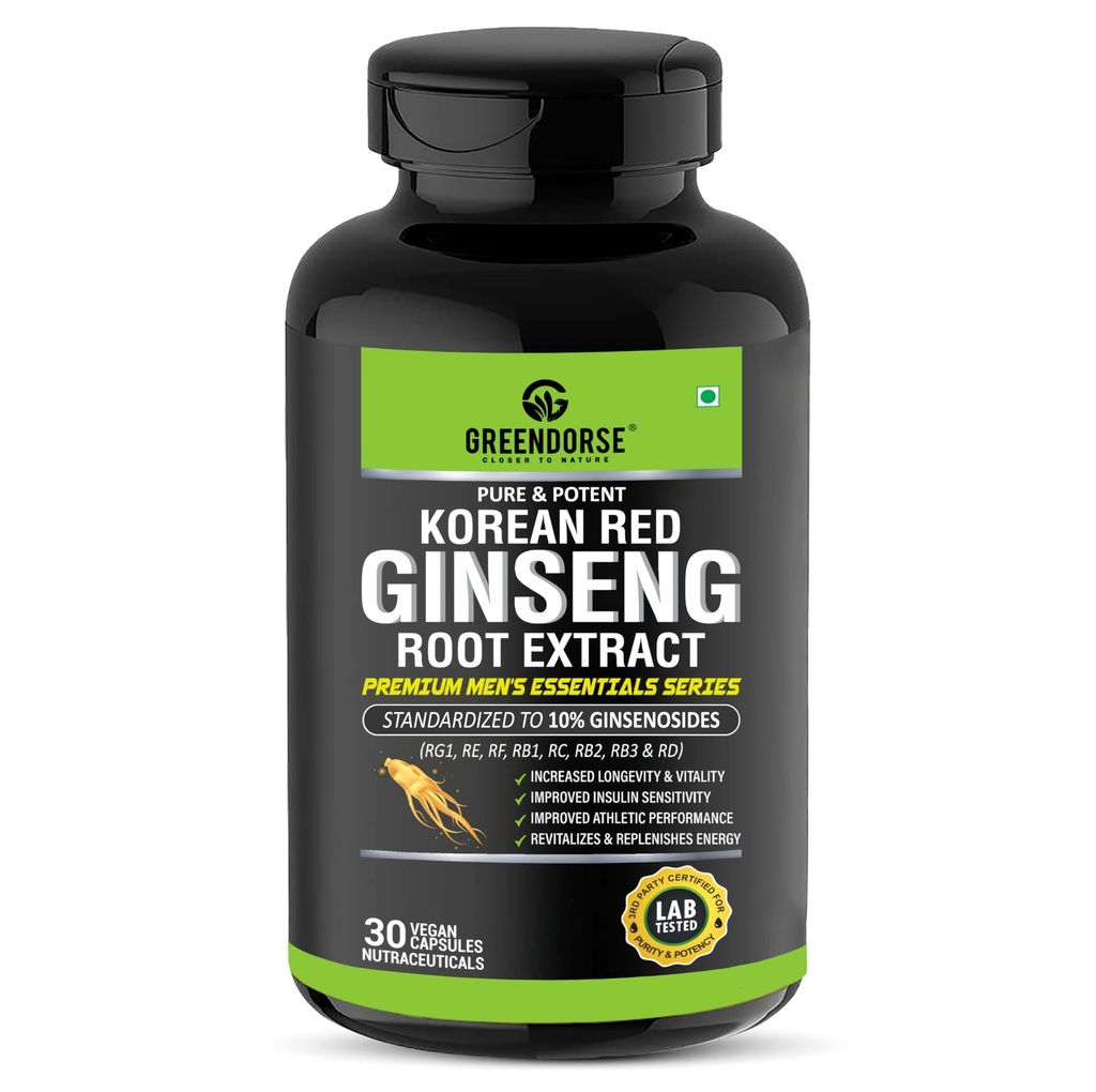 GREENDORSE Korean Red Panax Ginseng Root Extract | 10% Root Ginsenosides by HPLC | Extra Strength Ginsenosides for Energy, Focus, Performance, Vitality & Immune Support- 30 Veg Capsules