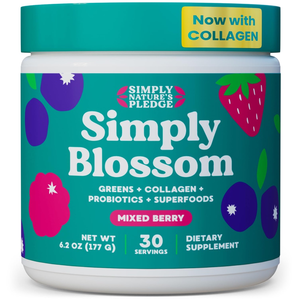 Simply Blossom Nutrition - Daily Greens & Superfood Powder + Collagen + Probiotiques pour la santé digestive des femmes et le soulagement du bloom. Aidez votre santé Bloom - 30 jours d'approvisionnement