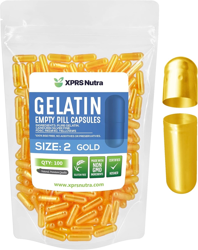XPRS Nutra Size 2 Capsule Vuote - 100 Conta Capsule Gelatina Vuote - Pillole Riempimento Capsule fai da te - Pure Bovine Pill Gel Caps per Do-It-Yourself Supplements (Oro)