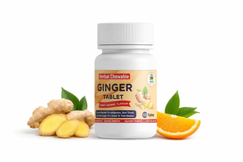 GINGER TABLET Organic Herbal Chewable Ginger Tablets with Orange Flavour | Natural Ayurvedic Sunth (Zingiber Officinale) 250mg | Supports Digestion, Cold & Cough Relief | 100 Tablets