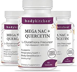 Body Kitchen Mega NAC (N-Acetyl Cysteine) 600 mg con Quercetin, Supporta la salute respiratoria e la funzione immunitaria e promuove il fegato e il rene Detox, Veggie Caps, (Pack of 3)