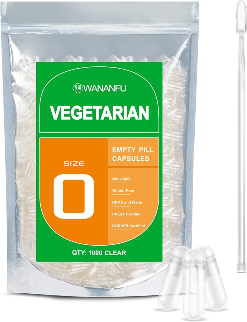 wananfu dimensione 0 capsule vuote vegetariano (1000 conte) bundle con micro laboratorio Spoon, trasparente riempibile verdura capsule dimensione 0 per fare i vostri supplementi