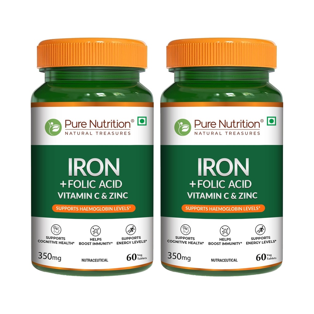 Pure Nutrition Iron Folic Acid Supplement with Zinc, Vitamin C & Vitamin B12 for Men & Women | Supports Haemoglobin Production, Boosts Immunity & Maintains Iron Level - 60 Veg Tablets (Pack 2)