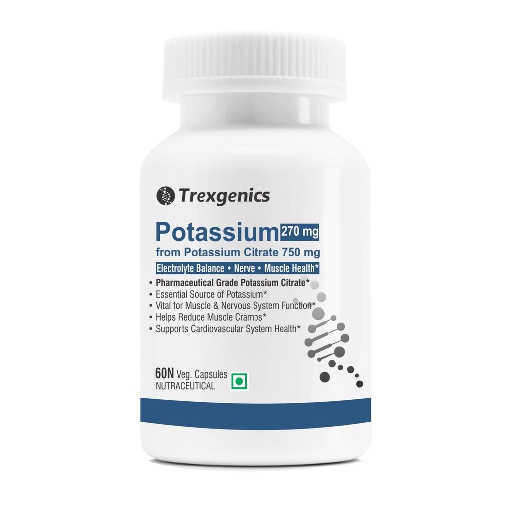 Trexgenics POTASSIUM CITRATE 750 mg Pharmaceutical Grade Electrolyte Balance, Nerve & Muscle Health VEGAN & NON-GMO (60 Vcaps) (Pack of 1)