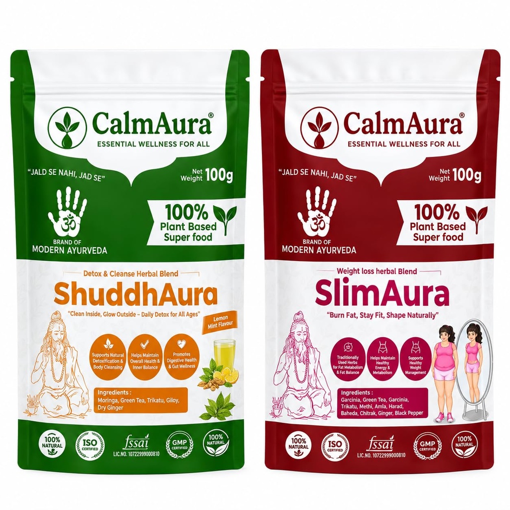 CalmAura Weight Loss Combo | SlimAura Weight Loss Herbal Powder 100g + ShuddhAura Detox & Cleanse Herbal Powder 100g | Ayurvedic Weight Management, Body Detox, Metabolism Support & Digestive Wellness Combo Pack