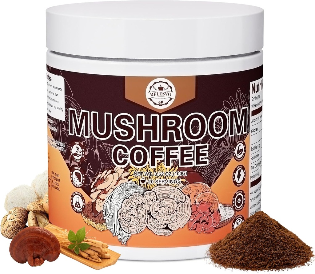 Mushroom Coffee, miscela istantanea Mushroom Coffee Mushroom Powder (20 Serve) con Cordyceps, Reishi, Lion's Mane, Shiitake, King Trumpet, Mushroom Supplement per energia, messa a fuoco, supporto immunitario