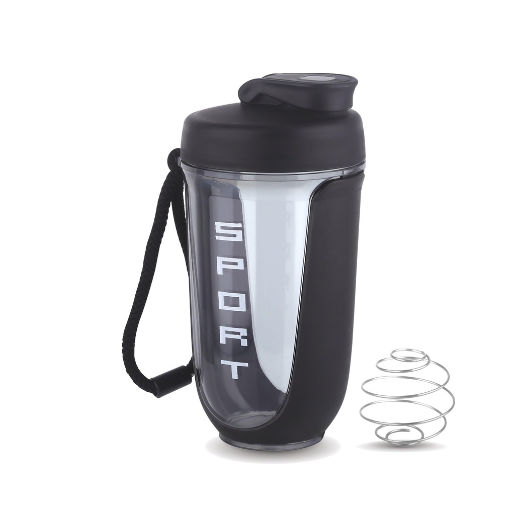 ATTRO Fit Fusion Shaker Bottle 600ml – BPA-Free Protein Mixer with Wire Whisk Ball | Leakproof Lid, Easy Carry Strap | Ideal for Gym, Fitness, Pre/Post Workout Drinks- Black