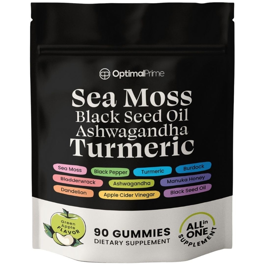Optimal Prime Sea Moss e Black Seed Oil Gummies, Ashwagandha, Turmerico, Manuka Honey, ACV, Dandelion, Pepe Nero, Burdock, Bladderwrack, Vegan, 90 Gummies 45 giorni di alimentazione