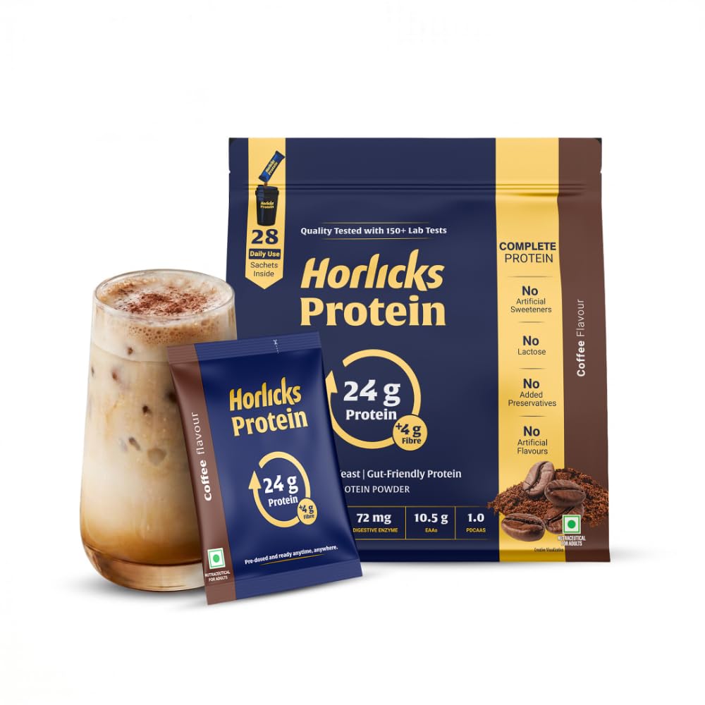 Horlicks Protein Powder 1 Kg Pack | 24g Protein, 4g Fibre per serve | Coffee Flavour | 28 Daily Use Sachets | Fermented Yeast Isolate | Gut-Friendly Protein | Complete | For Men & Women