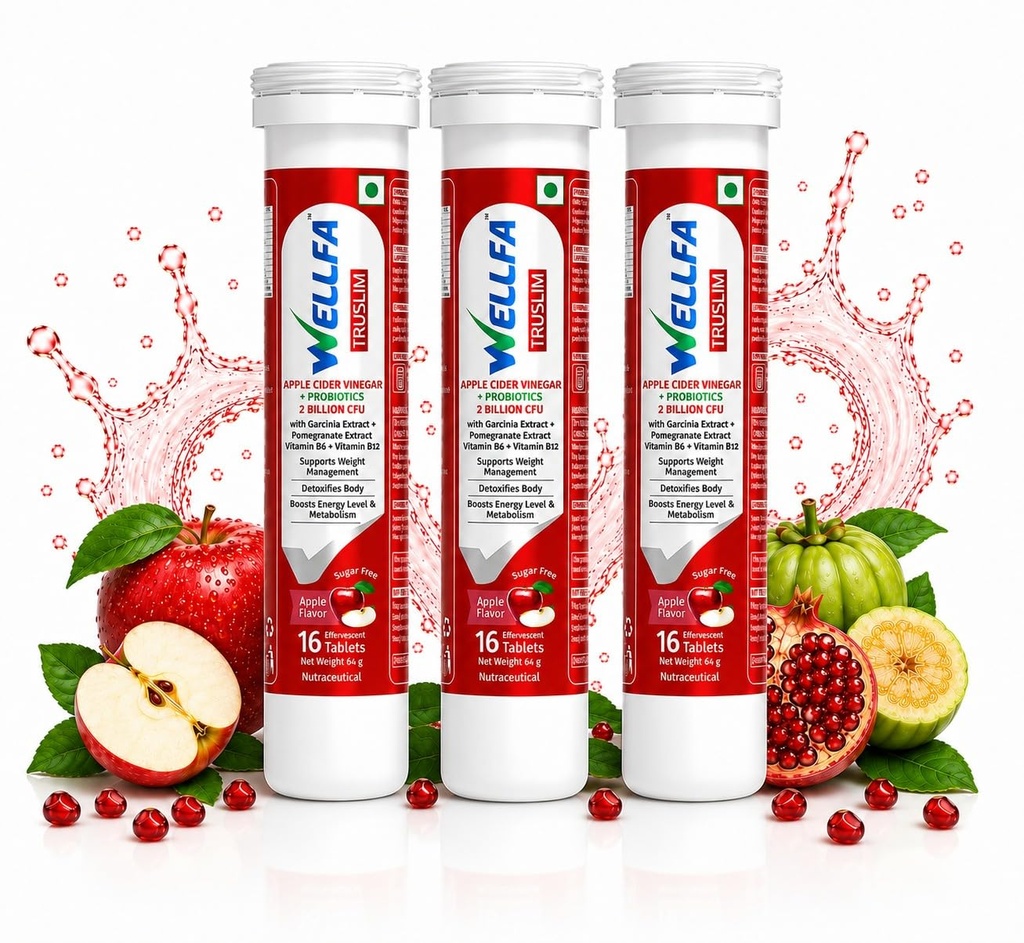 Truslim Effervescent Tablets | Apple Cider Vinegar with 2 Billion CFU Probiotics | With Vitamin B6 & Vitamin B12 | Sugar-Free Supplement | 51 Apple Flavour Tablets (Pack of 3)
