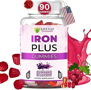Fabriqué aux États-Unis 90 Gommies de fer pour les femmes Anémie - Végétaux, sans gluten et sans immunosupplément de fer Gummies (Grape) - Gommies de fer à croquer pour les hommes - Gommies de fer pour les enfants avec vitamine C, A & Zinc