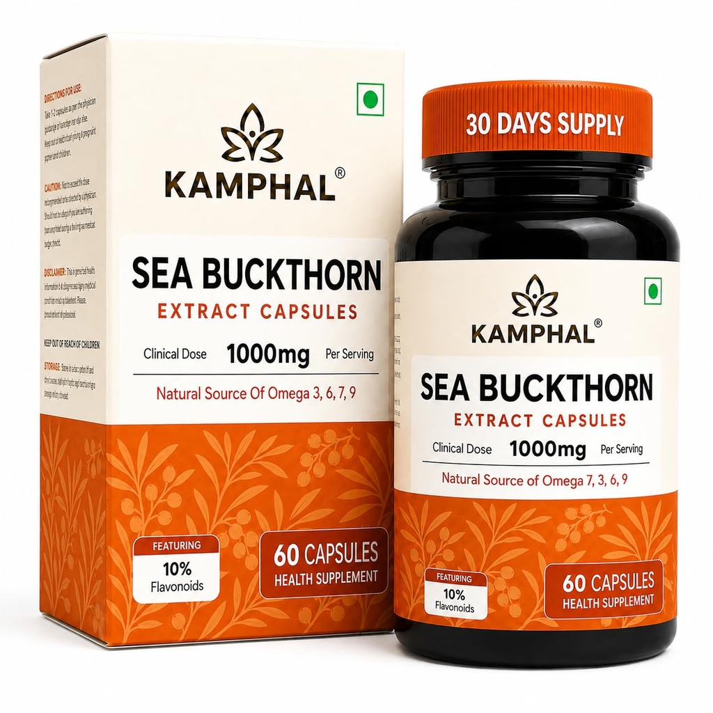 Sea Buckthorn Capsules | 1000mg Per Serving | 10% Flavonoids + Omega 3, 6, 7 & 9 | Antioxidant, Skin & Immunity Support | No Fillers or Additives | 60 Veg Capsules