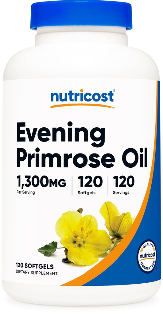 Olio di Primrose Nutricost 1,300mg, 120 Softgels - Pressato a freddo, Non OGM, Gluten Free, 120 Servings