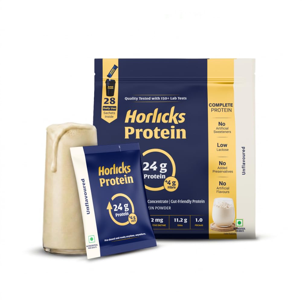 Horlicks, Unflavoured, Protein Powder, 1 Kg, for Gut Health, with Fermented Yeast Protein (79%), Free from Added Preservatives, Convenient Daily Sachets, for Men and Women, 28 Sachets