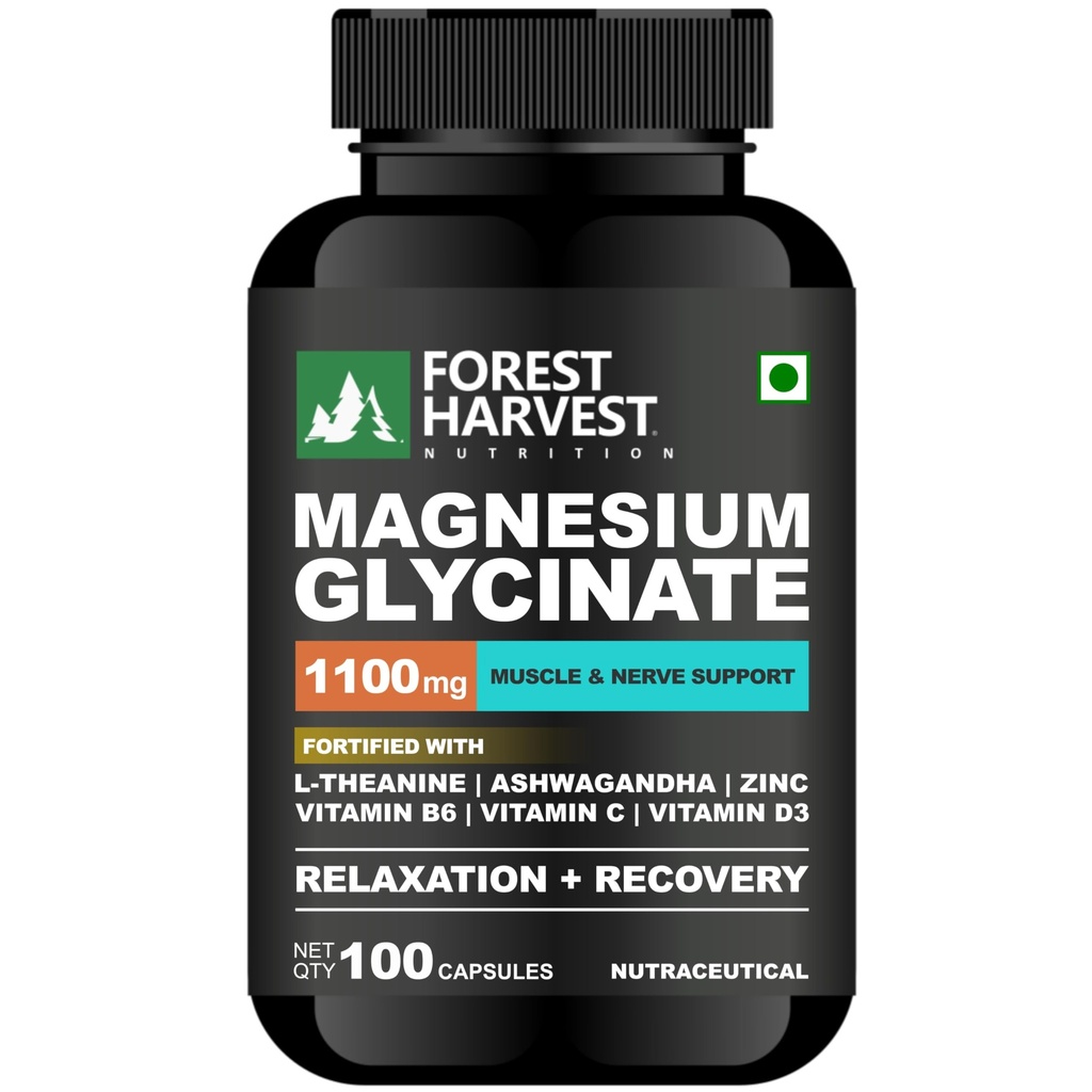 Magnesium Glycinate 1100mg with L-Theanine, Ashwagandha, Zinc, Vitamin B6, C & D3 | 100 Veg Capsules | WHO-GMP, HACCP, ISO Certified