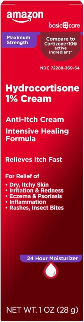Cura di base Massima Forza Anti-Itch Cream, Hydrocortisone 1 Percent Intensive Healing Formula, Itch Relief per Bug Bites, Eczema, Psoriasis, Poison Ivy, Oak and Sumac, 1 oncia (Pack of 1)