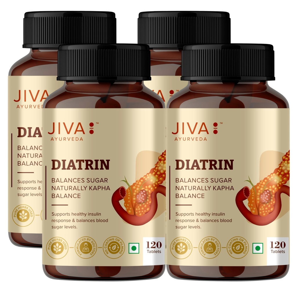 Jiva Diatrin Tablets 500mg | 100% Ayurvedic Formulation | Manages Blood Sugar Levels, Improves Metabolism & Strengthens the Pancreas | Balances Tri-Dosha- 120 Tablets (Pack of 4)