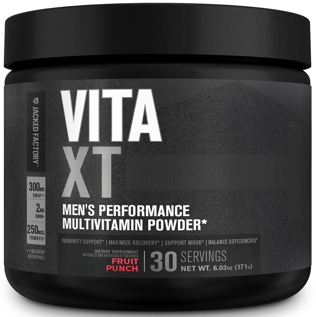 Jacked Factory Vita XT Performance Vitamin Powder - Tägliche Multivitamin-Pulver für Männer mit KSM-66 Ashwagandha, Prebiotic Fiber, Vitamin A, C, D, K, B6, B12, & More - Fruit Punch, 30Sv
