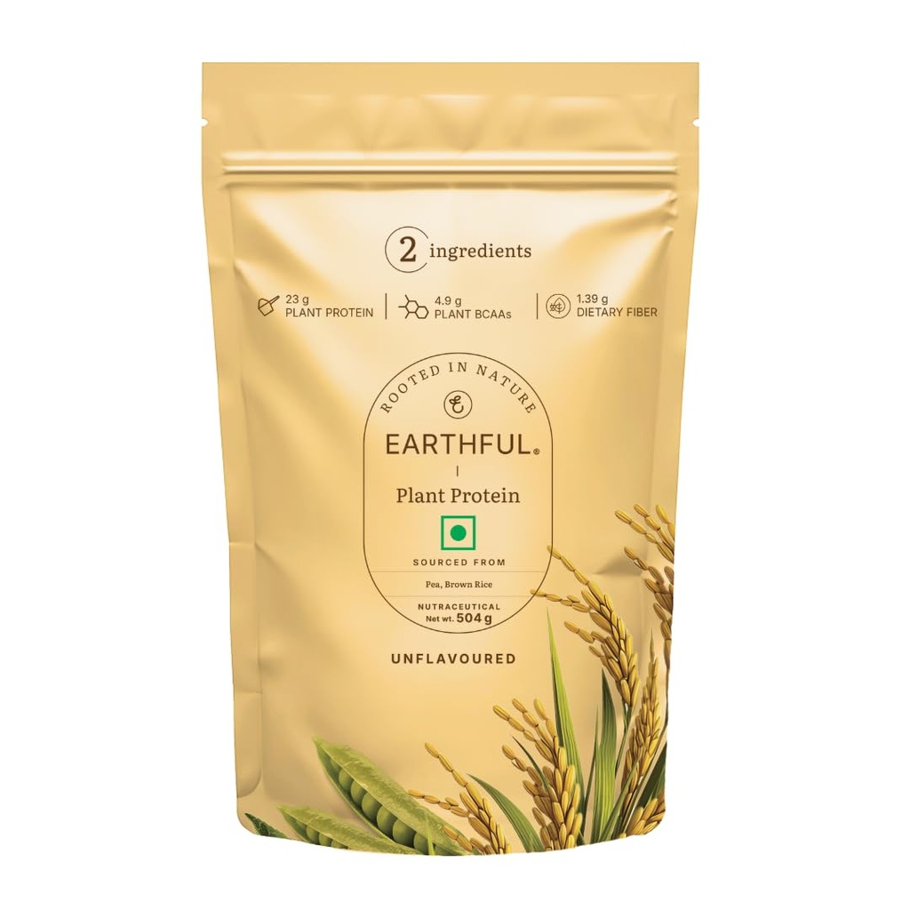 Earthful Honest Plant Protein | 24g Protein/Serving & 4.9g BCAAs | For Weight Management, Energy, Muscle Support & Recovery | Made with Pea & Brown Rice | Unflavoured - 504g