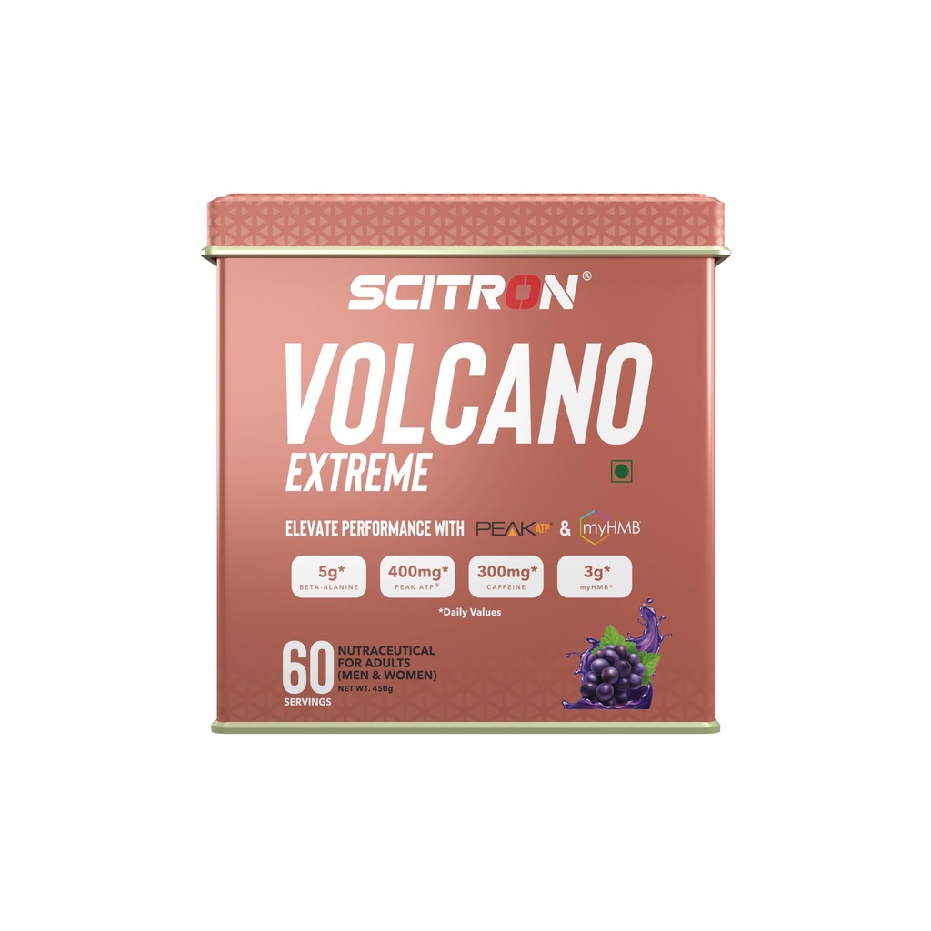 Scitron Volcano Extreme Pre-Workout 60 Servings- Grape | India's First Pre-Workout with Peak ATP & myHMB| 5g of Beta-Alanine, 400mg Peak ATP, 300mg caffeine, & 3g myHMB