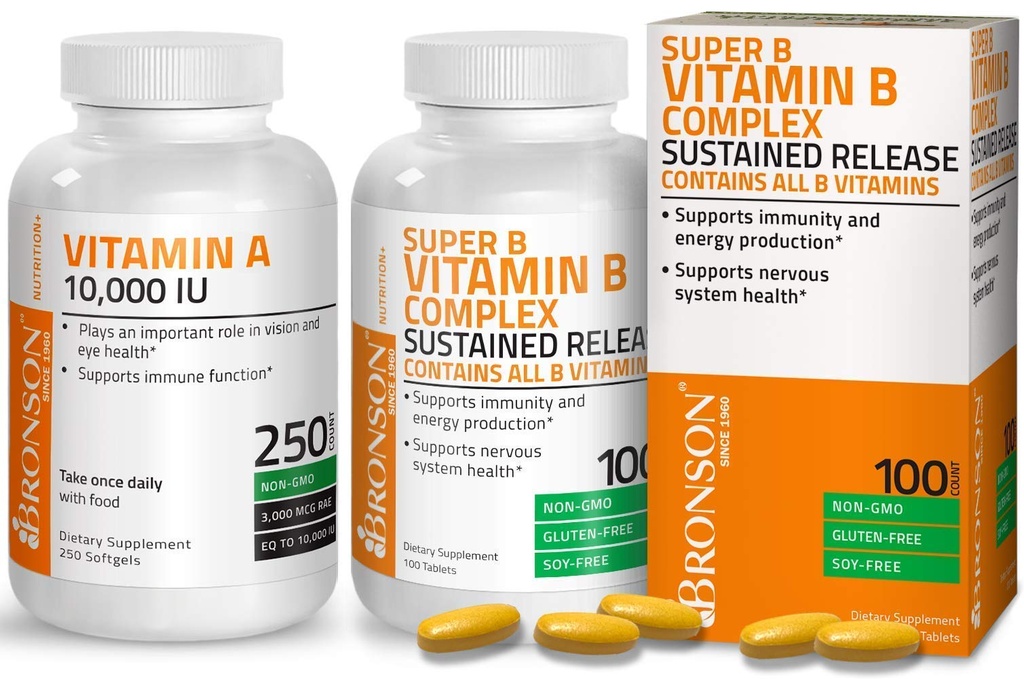 Bronson Super B Vitamin B-Komplex enthält langsame Freisetzung + Vitamin A 10.000 IU Premium Non-GMO Formel