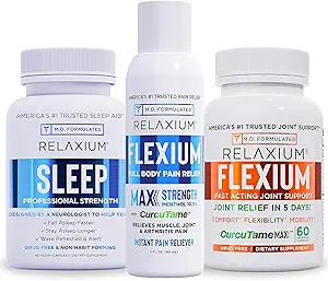 Relaxium Schlafhilfe 60 Kapsel + Flexium Fast Acting Joint Support 60 Kapsel + Flexium Instant Spray für Schmerzen, Max Stärke mit 10.5% Menthol & CurcuTame 90 ml (Familienpaket Schlaf & Gelenk Bundle)