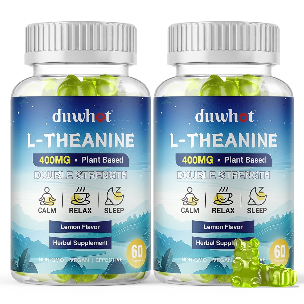 L-teanina Gummies 400mg, Chewable Theanine Supplemento per adulti e bambini 4+, Natural Stress Relief, zzZ & Focus Supplement, Vegan, Low Sugar, Non-Drowsy, Limone Flavor, 120 Chewables