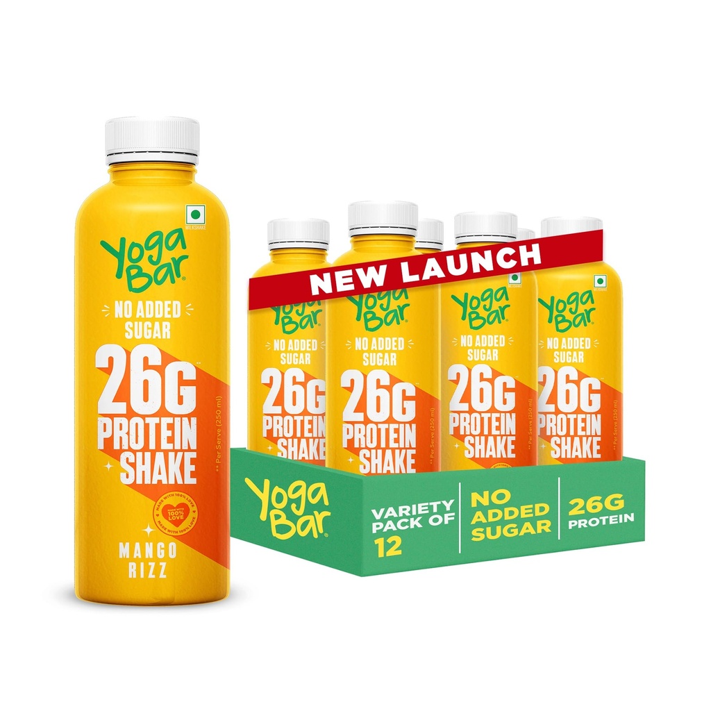 Yogabar 26g Protein Shake - Mango Rizz | Goodness of Protein & Premium Mango | 26g Protein Milkshake with No Added Sugar | Ideal for Early Mornings, Pre & Post Workouts Energy Drink | 3000ml (12 Bottles, 250ml each)