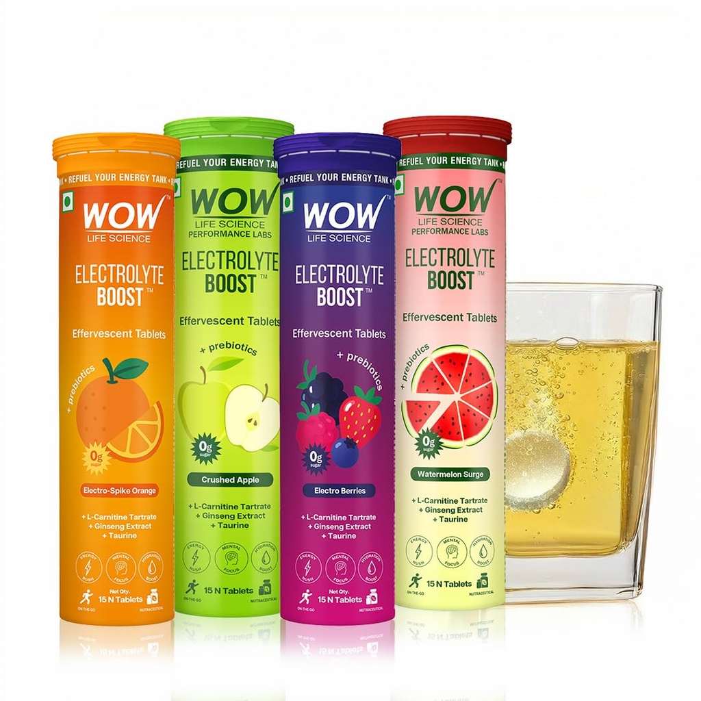 WOW Life Science Electrolyte Boost Effervescent Tablets Combo | Orange, Green Apple, Mixed Berries & Watermelon | 0g Sugar Hydration Drink Mix with Taurine, L‑Carnitine & Ginseng | 15 Tablets Each