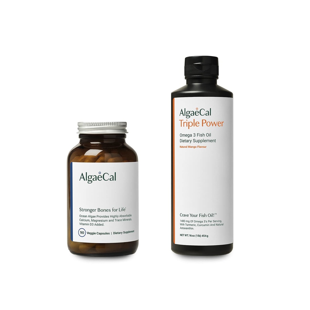 AlgaeCal Bundle - Supplément de calcium à base végétale avec vitamine D3 pour la santé osseuse et la force et triple puissance Oméga-3 Huile de poisson Emulsion liquide naturelle avec EPA et DHA, Curcumine, Astaxanthin