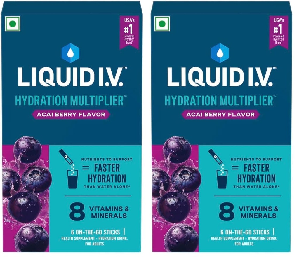 Liquid I.V.™ Hydration Multiplier™ - Acai Berry|6 Sticks : 3 LTRS| Hydration Drink Mix 16g (Pack of 2)