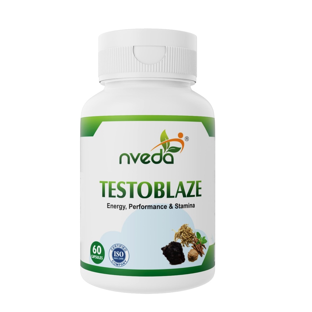 Nveda Testoblaze Testosterone Booster for Men | Muscle Growth, Strength, Energy & Stamina Supplement | Shilajit, Ashwagandha, Safed Musli & Tribulus | Men Vitality & Performance Support | 60 Veg Capsules