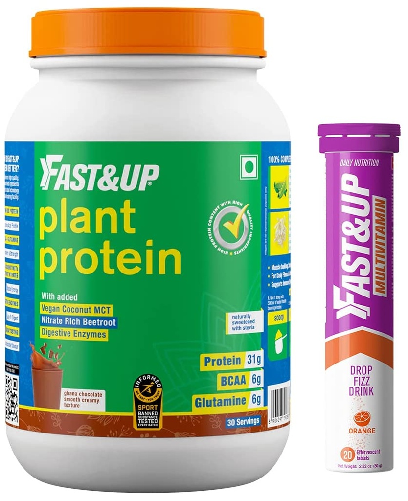 Fast&Up Vegan Plant Protein- Chocolate Flavor & Vitalize Mutivitamin Supplements- 20 Effervescent Tablets - Orange Flavor